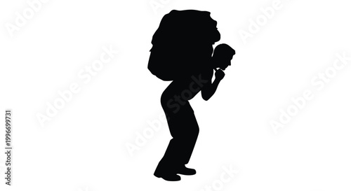 man carrying heavy sack silhouette on transparent background