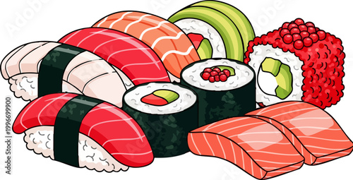 Japanese sushi vector illustration, fresh nigiri and maki rolls set, colorful seafood platter with tuna and salmon, cartoon food icons for menu design