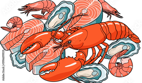 Fresh seafood collection with lobster, salmon steaks, oysters and shrimp. Hand drawn vector illustration of raw fish and shellfish for restaurant menu.