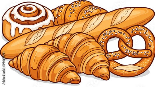 Artistic bakery bread vector illustration, fresh croissants and baguette assortment, golden brown pastry collection for cafe menu design