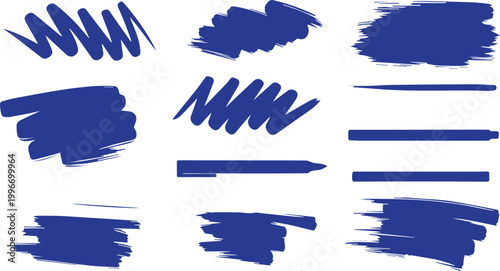 A collection of hand-drawn blue marker scribbles, permanent pen strokes, and highlighter smears for emphasizing text or creating artistic textures.