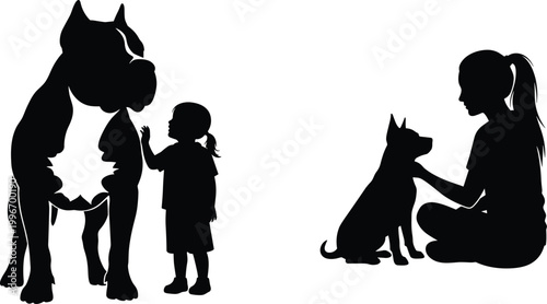 Child reaching toward large dog and adult interacting with smaller dog silhouettes representing pets, animals, companionship, adoption, care, and design themes