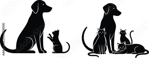 Dog and cat silhouettes showing companionship and coexistence representing pets, animals, adoption, veterinary care, wildlife, harmony, and graphic design themes