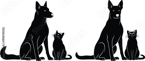 Dog and cat silhouettes sitting side by side representing pets, animals, companionship, adoption, veterinary care, wildlife, and graphic design themes