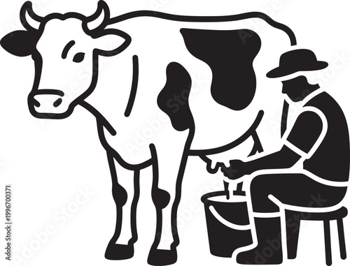 Man milking a cow in a simple style