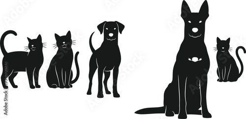 Group of cats and dogs in silhouette style representing pets, animals, companionship, adoption, veterinary care, wildlife, and graphic design themes