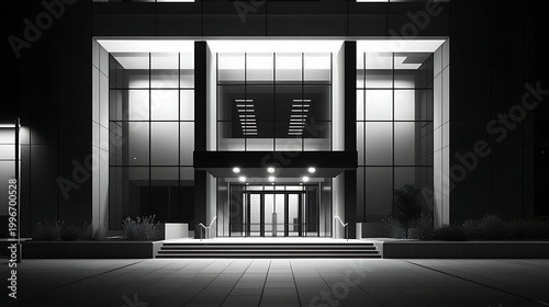 Imposing entrance of a modern building at night, with symmetrical glass doors and glowing lights, creating a powerful architectural statement.