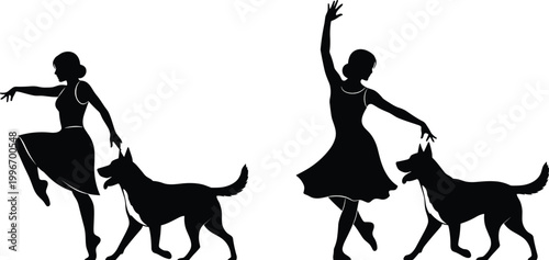 Human silhouette dancing gracefully with attentive dog companion representing pets, animals, companionship, adoption, care, wildlife, and graphic design themes