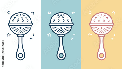 Cute baby rattle vector illustration set collection of infant toys in different colors and backgrounds for nursery design