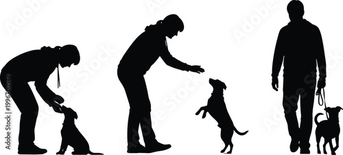 Human silhouettes interacting with dogs through training, play, and walking representing pets, animals, companionship, adoption, veterinary care, and design themes