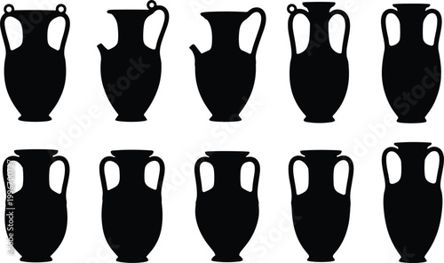 Set of Silhouetted Ancient Greek Vases, Amphora Icons for Cultural, Art, and Historical Design Projects