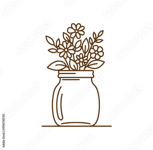 Brown line art illustration of flowers in a mason jar vase on white background