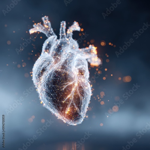 Digital Heart of Light: An artistic representation of the human heart, rendered in a delicate digital style with glowing elements that emphasize its intricate network and vital energy. 