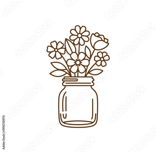 line drawing of flowers in a mason jar vase on white