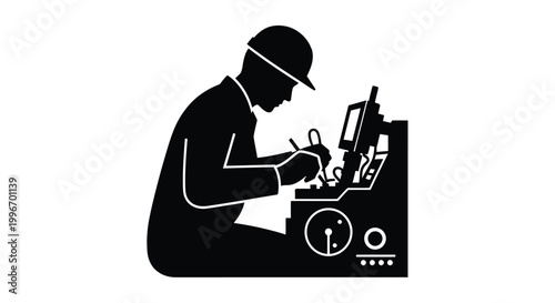 engineer working at machine silhouette on transparent background
