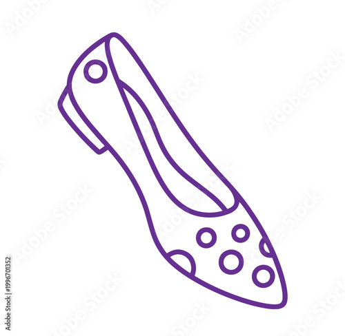 Purple line art illustration of a highheeled shoe with polka dots sole