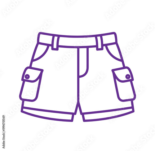Purple line drawing of cargo shorts with belt and pockets