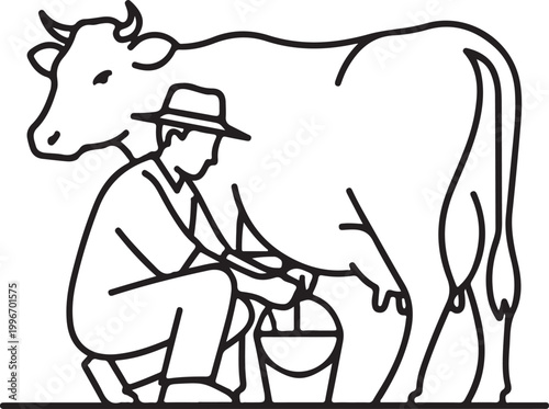 Man milking a cow in a simple line drawing style