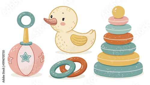 Set of cute baby toys, including a rattle, a rubber duck, a stacking ring tower, and colorful rings, vector illustration