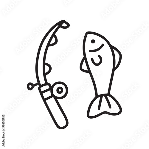 Simple Black and White Fishing Rod and Fish Outline Icon for Kids. 