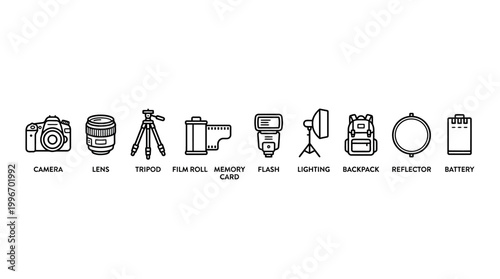 Photography equipment icons set camera lens tripod film roll