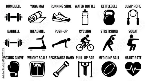 Fitness icons set including dumbbell kettlebell jump rope
