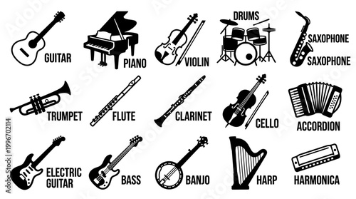 Collection of various musical instruments icons