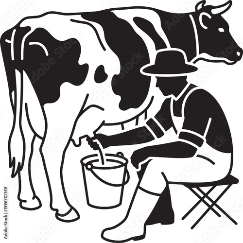 Man milking a cow into a bucket while sitting on a stool