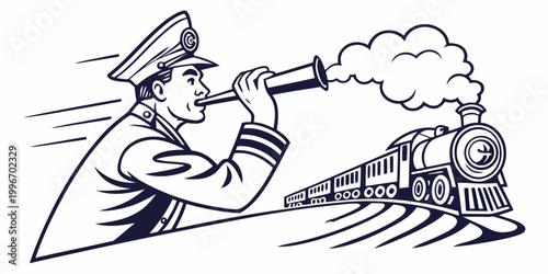 Konstfotografi Retro style illustration of train conductor signaling with whistle and steam loc