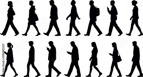 Black silhouettes of diverse people walking in profile view with bags and mobile phones, showing modern lifestyle, posture, and motion study