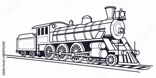 Photos Detailed steam locomotive train side view linear graphic with line art steam eng
