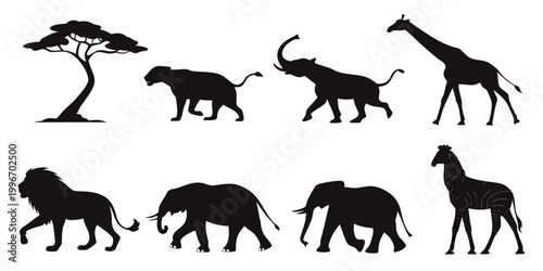 Tableau sur toile African savanna landscape with silhouette animals and tree acacia tree black and