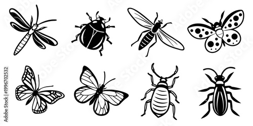 Obraz na płótnie Set of black and white insect vector silhouettes featuring butterflies beetles a