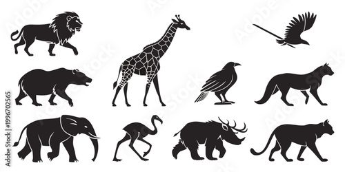 Canvas Print Collection of various wild animal silhouettes including lion giraffe bear and bi