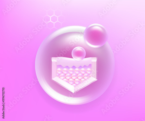 Hyaluronic acid and Niacinamide skin solutions ad, pink collagen serum drops into skin cell with cosmetic advertising background ready to use, illustration vector.	