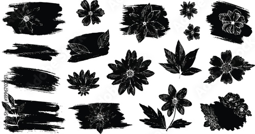 Chamomile flowers in abstract ink style. Hand drawn brush floral silhouettes with sketch strokes, leaves and branches. Black grunge paint blossoms, natural botanical forms.