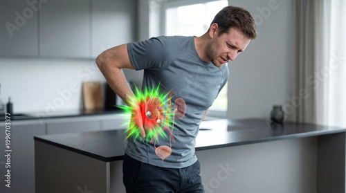 Man suffering from severe back pain due to kidney stone. Conceptual illustration of human renal system health problem and medical condition. Urinary tractache illness and internal organ pain.