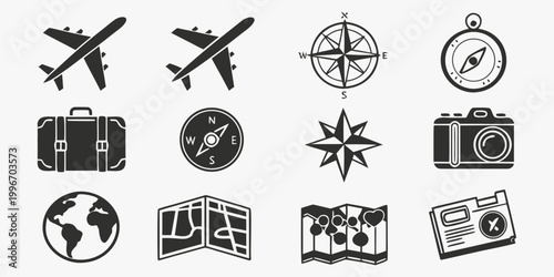 Tableau sur toile Travel and adventure icons: airplanes compasses suitcase camera globe map with a