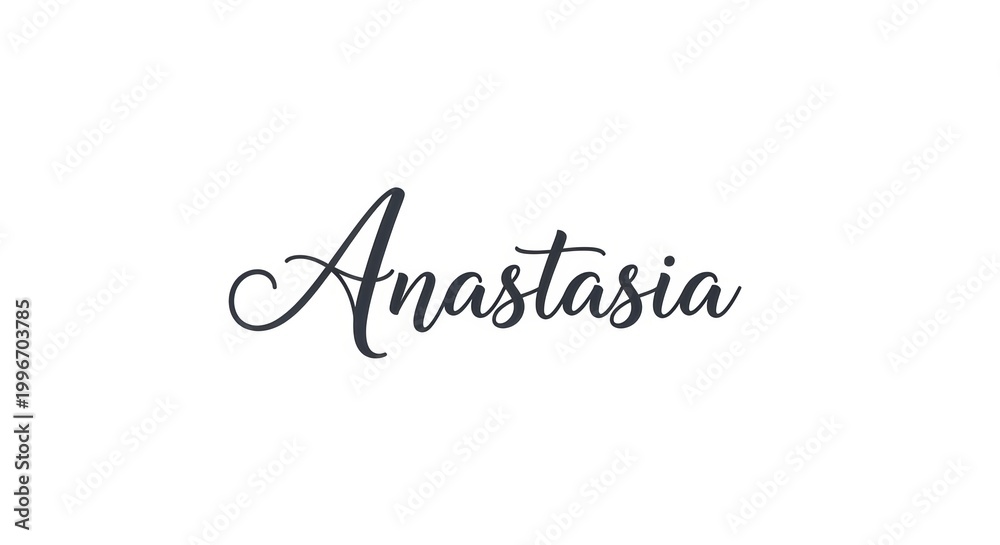 Fototapeta premium Anastasia handwritten script name, elegant black calligraphy on white background, feminine cursive lettering for personalized branding and wedding stationery