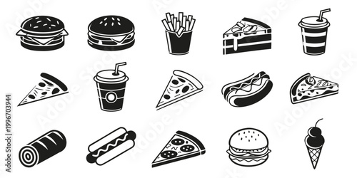 Fotografi Vector illustration of various fast food and bakery icons with burgers pizza cak