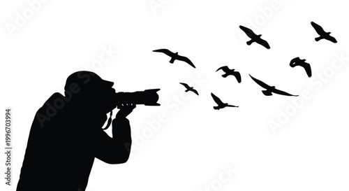 photographer capturing birds in flight silhouette on transparent background