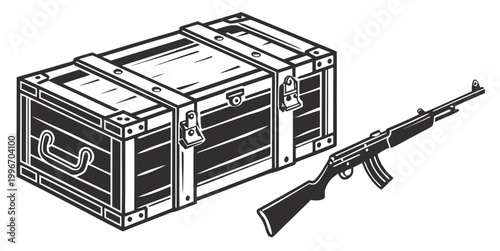 Foto Military supply crate with automatic rifle monochrome vector illustration of rei