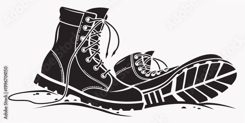 Photos Black and white vector illustration of a pair of hiking boots with untied laces