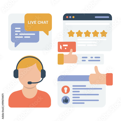 Customer Support: An illustration showcases a customer support representative engaged in a live chat. alongside reviews, feedback, and engagement.