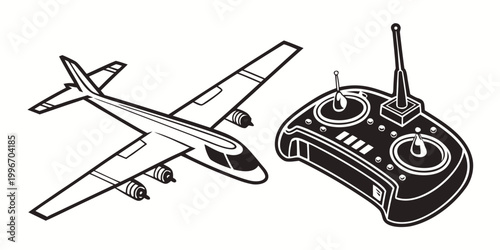 Rc model airplane and remote control transmitter illustration set for hobbies and aviation enthusiasts with airplane transmitter aviation controlled electronics propeller controller joystick