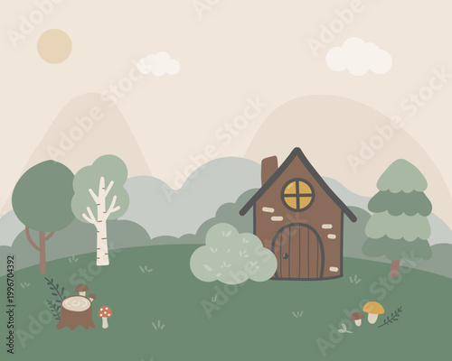 Cozy forest landscape with small house, trees and mountains in Scandinavian style, cute woodland background with copy space