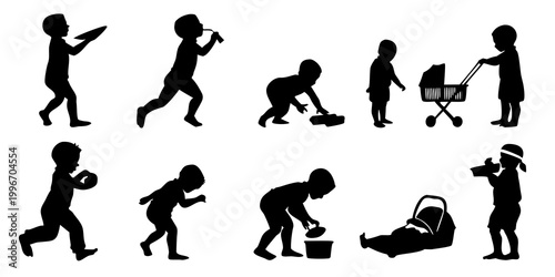 Set of diverse child silhouettes performing actions such as eating drinking crawling playing with a bucket and spade pushing a stroller isolated on white background for graphic design, silhouette