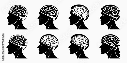 Bild auf Leinwand Set of human head silhouettes with brain anatomy icons representing psychology m