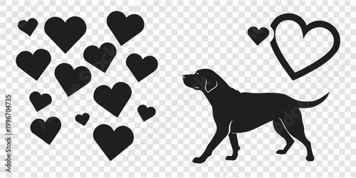 Photography Black silhouette of a dog standing next to a large heart shape with multiple sma