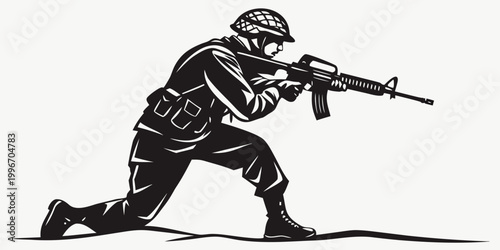 Fotografia Black and white silhouette of a soldier in combat gear kneeling and aiming a rif